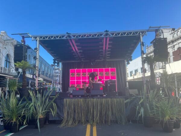 Mobile Stage Hire - The SL75 Stage setup in the middle of K road in Auckland.