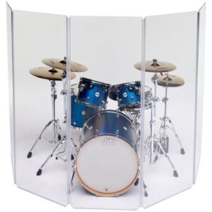Example photo of a hire drum shield or drum screen rental / baffle setup.
