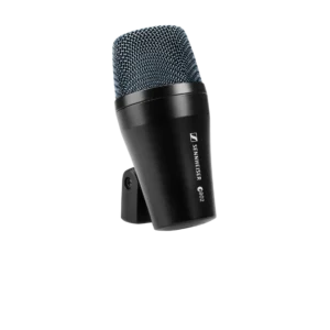 Picture of the Sennheiser e902, a dynamic microphone with a silver grille and a red ring around the capsule, designed specifically for kick drums. Available for hire or purchase from the rock factory in Auckland.