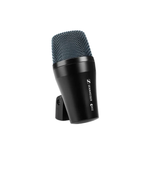 Picture of the Sennheiser e902, a dynamic microphone with a silver grille and a red ring around the capsule, designed specifically for kick drums. Available for hire or purchase from the rock factory in Auckland.