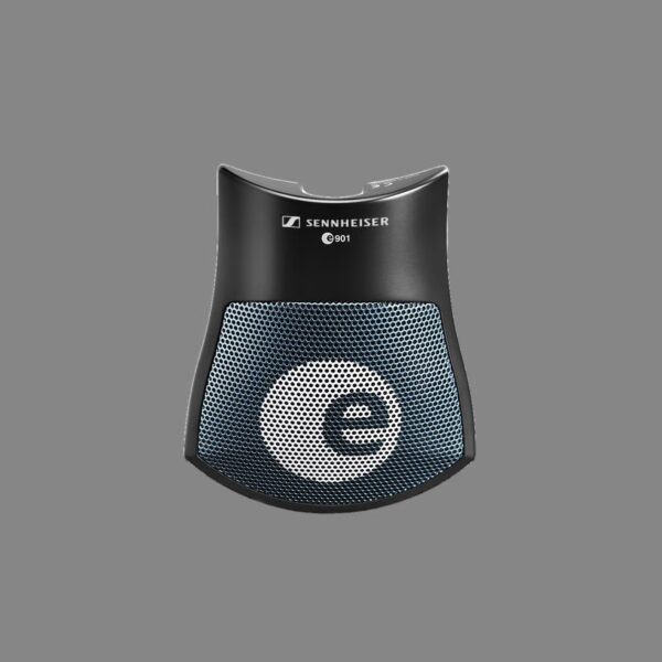 A top-down view of the Sennheiser e901, a black, flat condenser boundary microphone designed for kick drums.