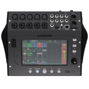 A close-up view of the Allen & Heath CQ12T digital mixer's touch screen and control knobs.