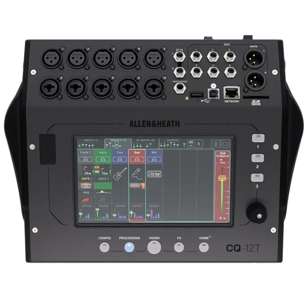 A close-up view of the Allen & Heath CQ12T digital mixer's touch screen and control knobs.