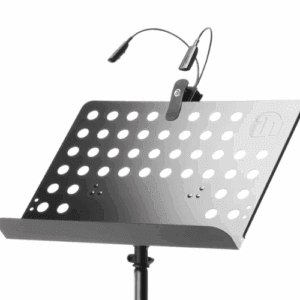 A close-up of a professional black music stand with a sleek sconce light attached, perfect for illuminating a sheet of music.