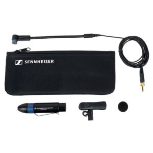 A close-up shot of a Sennheiser e908 microphone. These microphones are great on brass and can be clipped onto the bell of a trumpet or saxophone as they can endure high SPL.