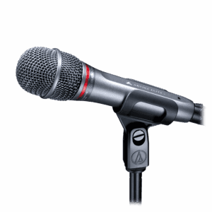 A close-up shot of the Audio-Technica Artist Elite AE6100 vocal microphone. A vocal microphone available for hire from The Rock Factory in Auckland.
