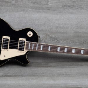 A close-up shot of a Epiphone Les Paul guitar, highlighting its iconic shape and humbucker pickups. Available for hire from The Rock Factory in Auckland.