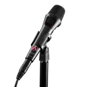 A close-up shot of the Austrian Audio OD505 vocal microphone, highlighting its unique design and grille. Available for hire from The Rock Factory.