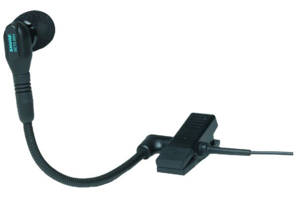 A close-up shot of a Shure Beta 98A microphone. These can be clipped on the rim of drums or on the bell of brass instruments.
