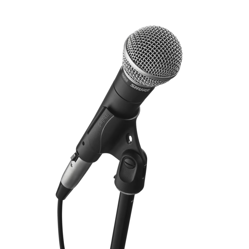 A close up picture of the classic industry standard vocal microphone - the Shure sm58. The picture shows the clip and the top of the stand. These items can be hired from The Rock Factory in Auckland.