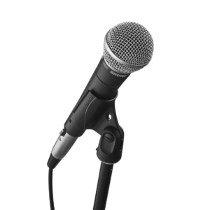 A close up picture of the classic industry standard vocal microphone - the Shure sm58. The picture shows the clip and the top of the stand. These items can be hired from The Rock Factory in Auckland.