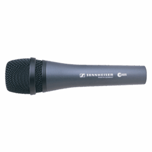 close up of a sennheiser e835 vocal microphone.