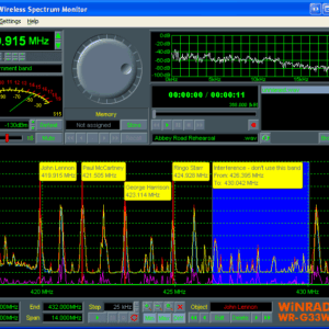Screenshot of the g33wsm wireless spectrum analyser panel page on windows laptop.