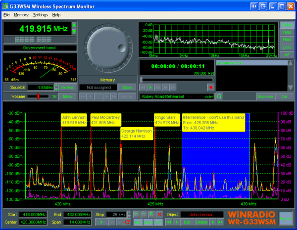 Screenshot of the g33wsm wireless spectrum analyser panel page on windows laptop.