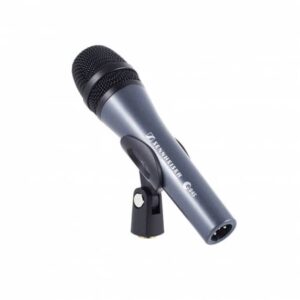 picture of a Sennheiser e845 vocal microphone in a microphone clip.
