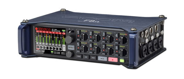 A close-up shot of the Zoom F8n multitrack field recorder's front panel and knobs, and preamp inputs on the side.