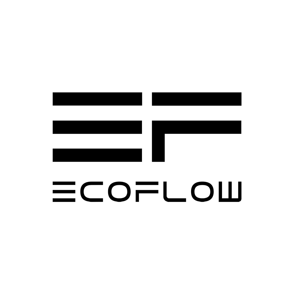Ecoflow logo black font inside white circle, and then transparent background around the circle.