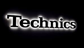 Technics logo, black bacgound with white backlight and black font.