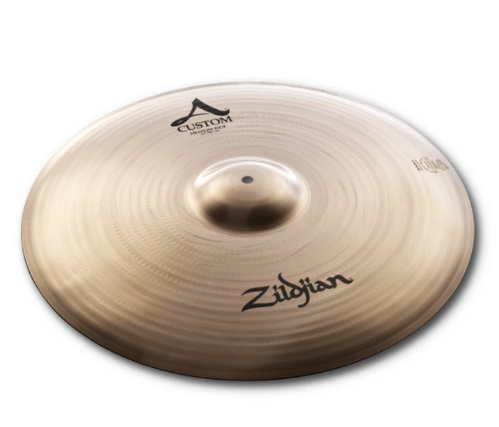 Top down view of a Zildjian A Custom 21 inch ride cymbal available for hire in Auckland