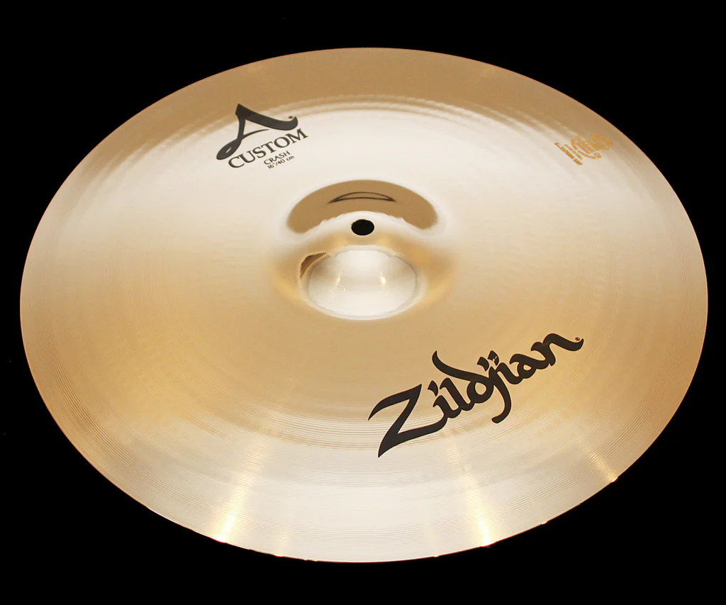 Top-down view of a Zildjian A Custom 16 inch crash cymbal available for hire in Auckland