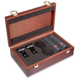 Neumann KM184 matched pair condenser microphones in wooden box available for hire in Auckland