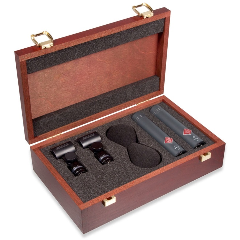 Neumann KM184 matched pair condenser microphones in wooden box available for hire in Auckland